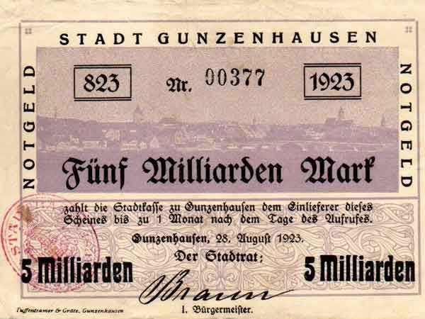 Notgeld der Stadt Gunzenhausen - 5 Milliarden Mark